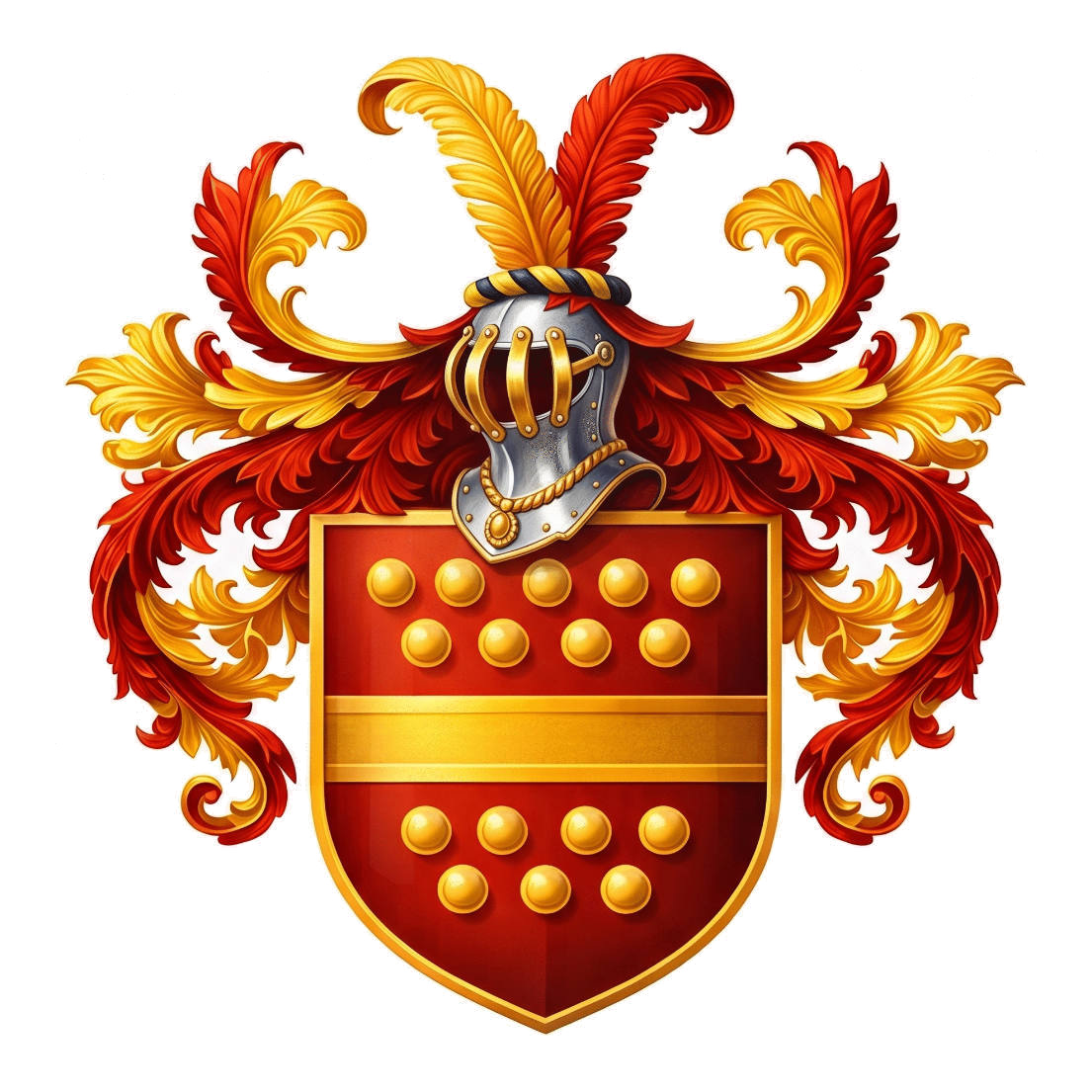 Familiewapen Van Rij, ook wel Van Riede: rood schild met gouden koeken en een gouden dwarsbalk, met helm en dekkleden.